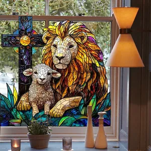 Adesivo Per Finestra Stile Vetrata Leone Agnello Croce Religiosa Mosaico Statico Biadesivo Traslucido Decorativo