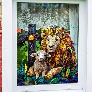 Pellicola decorativa per finestre con leone e agnello in stile vetro colorato
