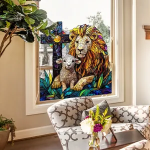Adesivo per finestre con leone e agnello stile mosaico decorativo per soggiorno e casa