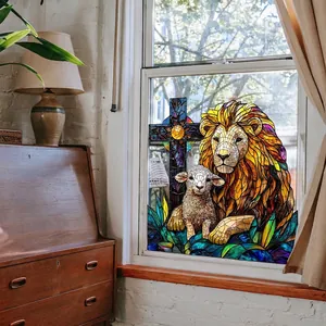 Adesivo per finestre religioso con leone e agnello e motivo a mosaico decorativo