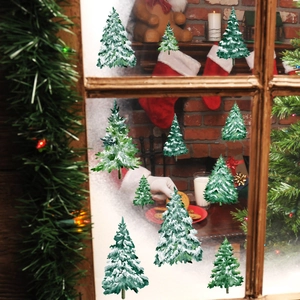 Festive watercolor pine tree window stickers with snow design for Christmas decor