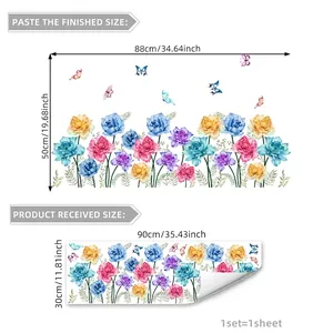 Self-adhesive hand-painted peony flower wall stickers with dimensions 90x30cm for home decor
