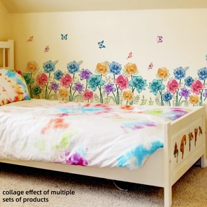 Hand-painted peony wall decals and butterflies applied as bedroom headboard decor