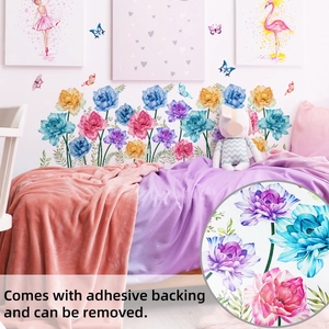 Detail of hand-painted watercolor floral wall decals showing colorful peonies and butterflies