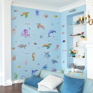 Marine life wall decals with sea turtle, octopus and dolphins for bedroom decoration
