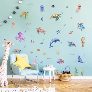 Ocean Life Wall Stickers Watercolor Sea Turtle Dolphin Jellyfish PVC Waterproof Self Adhesive Kids Room Bathroom Decor