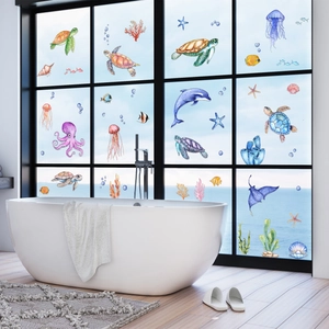 Ocean sea life wall decals featuring watercolor turtles and dolphins for home decoration