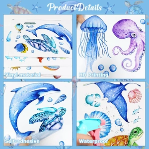 Detail of waterproof vinyl ocean wall stickers showing dolphin and turtle motifs
