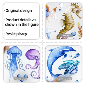 Detail view of watercolor marine animal wall stickers showing seahorse and jellyfish texture