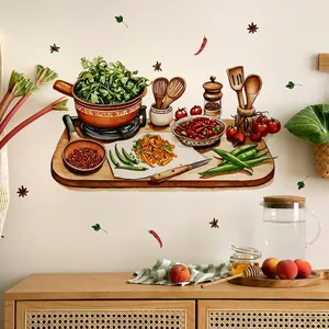 Hand-painted watercolor kitchen wall decals featuring cookware and fresh vegetables for decor