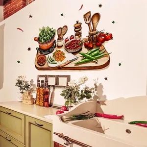 Kitchen wall stickers with hand-painted vegetables and utensils on a rustic wooden board