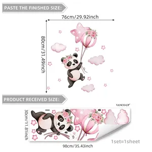 Panda and pink balloons wall sticker set with stars and clouds for nursery decor