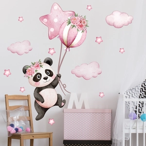 Panda wall sticker with pink balloons and stars in watercolor style for nursery decor