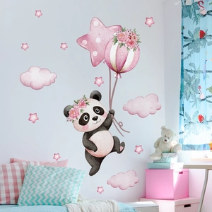 Adorable panda wall decals with pink balloons and stars for nursery bedroom wall decor