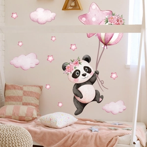 Cute panda with pink balloons and stars wall sticker for kids bedroom decoration