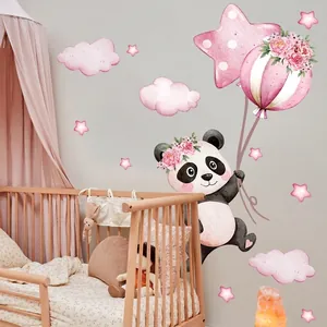 Cute Cartoon Panda Wall Stickers Pink Balloons Stars Clouds PVC Self-Adhesive Waterproof Decals For Kids Room Nursery