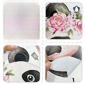 Macro details of waterproof panda wall stickers showing adhesive layer and floral pattern