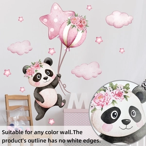 Detailed watercolor panda wall decal with pink balloons and stars for nursery decor