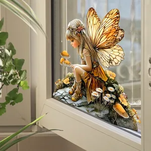 Fairy and mushroom static window decal with yellow butterfly wings for home decoration