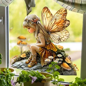 Fairy and mushroom static window decal with gold butterfly wings for home decor
