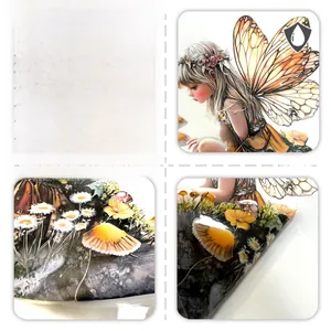 Detail of waterproof fairy mushroom static window cling showing front and reverse sides