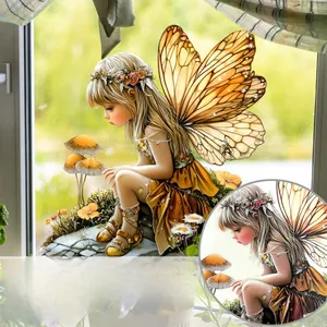 Detail of flower fairy mushroom static window cling with double-sided color design