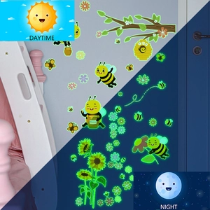 Luminous honeybee sunflower wall stickers showing daytime and nighttime glow effects