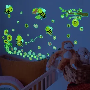 Luminous honeybee and floral wall stickers for kids' bedrooms with glow in the dark effect