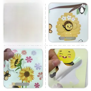 Waterproof cartoon bee and sunflower wall sticker detail showing front and back adhesive side