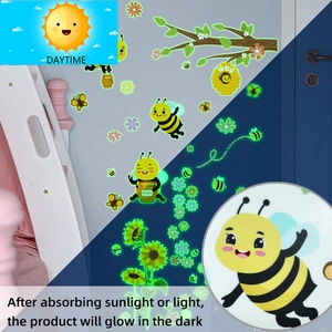 Luminous wall stickers with cartoon bees and sunflowers showing glow in the dark effect