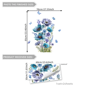 Stickers muraux fleurs bleues et papillons pour décoration de salon et de chambre