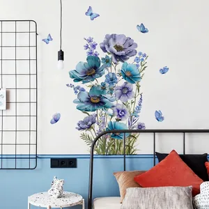 Stickers muraux fleurs bleues et papillons aquarelle pour décoration de chambre moderne