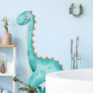 Sticker mural dinosaure aquarelle bleu pour chambre d'enfant avec texture peinte à la main