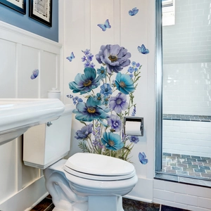 Stickers muraux fleurs bleues et papillons pour décoration de salon et de chambre