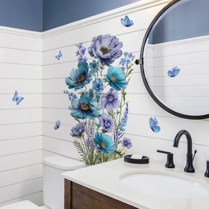 Autocollants Muraux Fleurs Papillons Bleus Aquarelle Étanche PVC Amovible Décoration Maison Pour Salle De Bain Salon