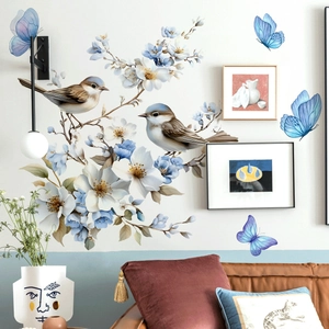 Aquarel blauwe bloemen en vogels muurstickers voor moderne woonkamer decor