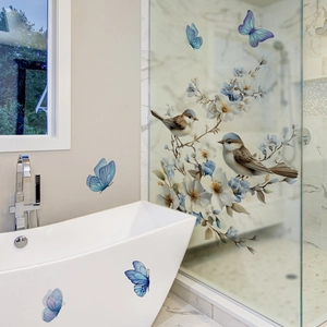 Zelfklevende muurstickers met blauwe bloemen en vogels voor woonkamer decoratie
