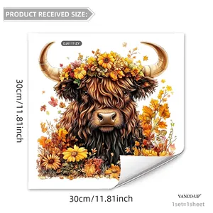 30x30cm highland cow static window cling with sunflower and autumn leaf crown