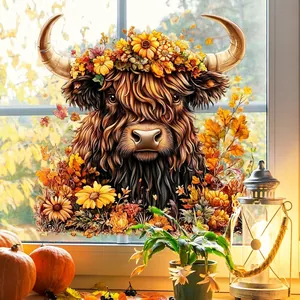 Fall Highland Cow window cling featuring sunflower wreath and autumn leaves decor