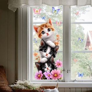 Cute kitten flowers static window stickers with butterflies for living room home decor