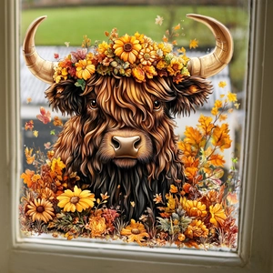 Highland cow window cling with sunflowers and autumn leaves on glass window