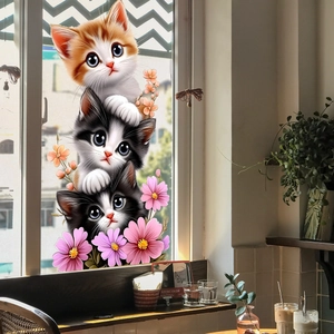 Cute kitten and pink floral static window sticker for glass decoration on home windows