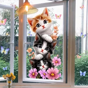 Cute Cartoon Cat Flower Static Window Sticker PVC Double Sided Removable Glass Decal For Home Decor