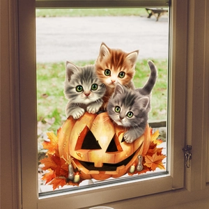 Detail of three kittens in pumpkins with maple leaves autumn window static sticker