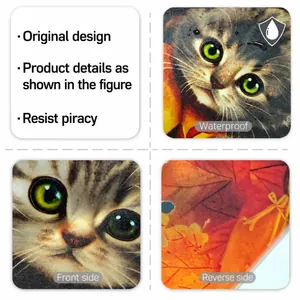 Detail of waterproof fall window cling featuring cat and maple leaf patterns on glass