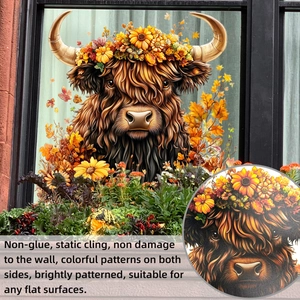 Detail of static highland cow window cling with autumn floral patterns and maple leaves
