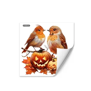 Detail view of 30cm square autumn window sticker featuring robins and pumpkins