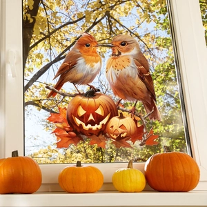 Autumn static window clings with pumpkins, maple leaves and birds for glass decor