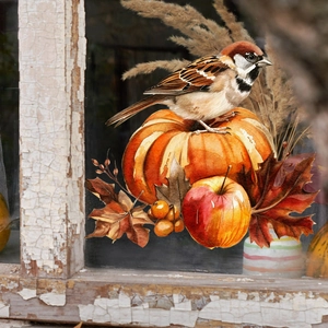 Watercolor fall window clings featuring a sparrow, orange pumpkin, and autumn maple leaves