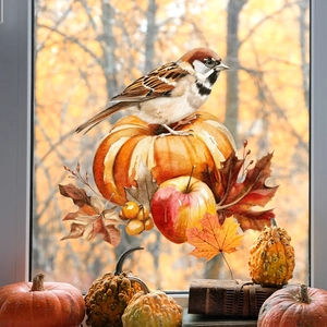 Watercolor fall window clings featuring a sparrow on pumpkins and maple leaves decoration